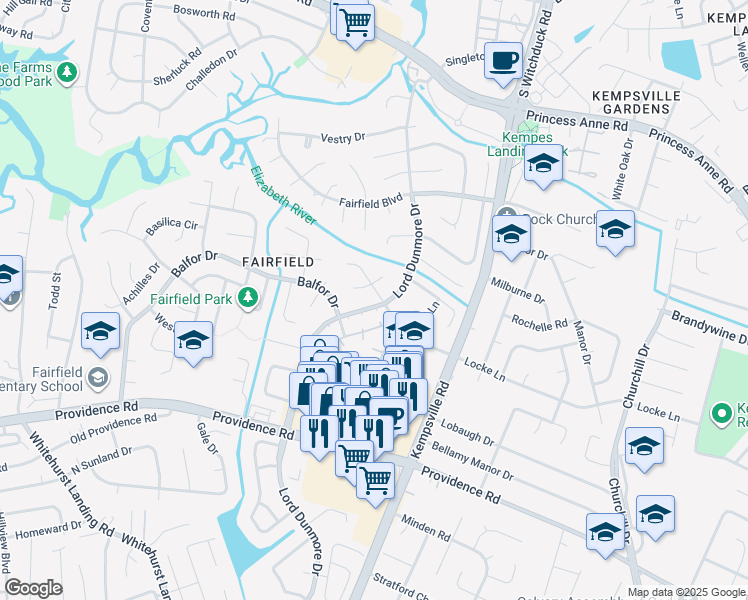 map of restaurants, bars, coffee shops, grocery stores, and more near 653 Lord Dunmore Drive in Virginia Beach