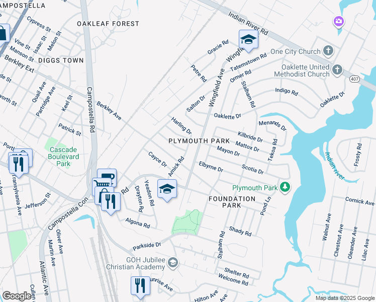 map of restaurants, bars, coffee shops, grocery stores, and more near 607 Amick Road in Chesapeake