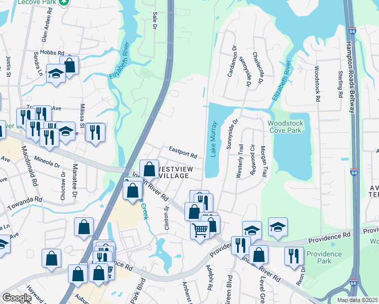 map of restaurants, bars, coffee shops, grocery stores, and more near 6312 Eastport Road in Virginia Beach