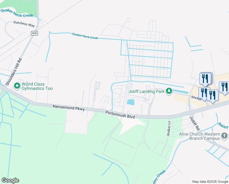 map of restaurants, bars, coffee shops, grocery stores, and more near 5128 Lombard Street in Chesapeake