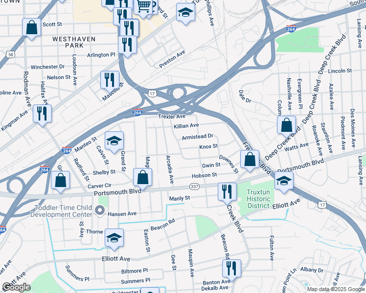 map of restaurants, bars, coffee shops, grocery stores, and more near 3404 Downes Street in Portsmouth