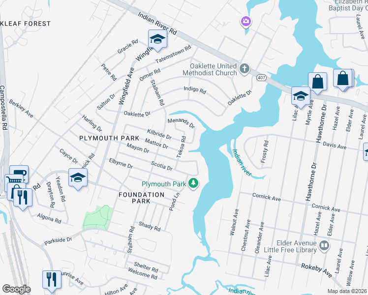map of restaurants, bars, coffee shops, grocery stores, and more near 503 Tekoa Road in Chesapeake