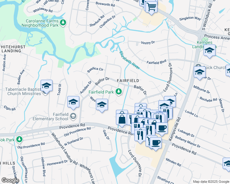 map of restaurants, bars, coffee shops, grocery stores, and more near 713 Rosaer Circle in Virginia Beach
