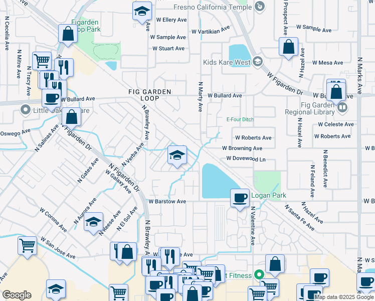 map of restaurants, bars, coffee shops, grocery stores, and more near 3668 West Persimmon Lane in Fresno