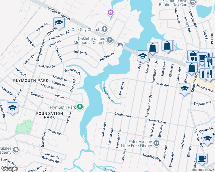 map of restaurants, bars, coffee shops, grocery stores, and more near 1227 Davis Avenue in Chesapeake