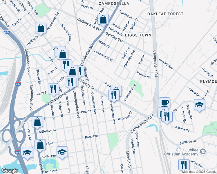 map of restaurants, bars, coffee shops, grocery stores, and more near 1001 Nelson Street in Chesapeake