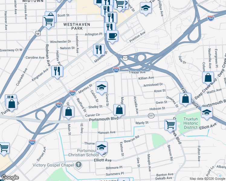 map of restaurants, bars, coffee shops, grocery stores, and more near 370 Carver Circle in Portsmouth