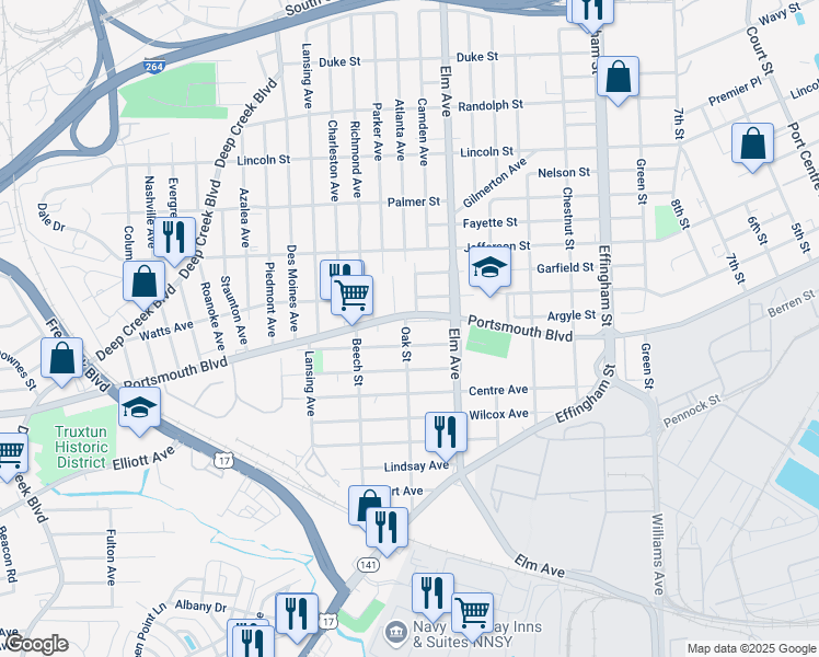 map of restaurants, bars, coffee shops, grocery stores, and more near 1241 Portsmouth Blvd in Portsmouth