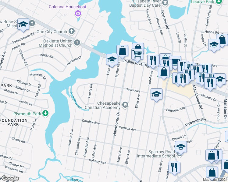 map of restaurants, bars, coffee shops, grocery stores, and more near 1202 Myrtle Avenue in Chesapeake