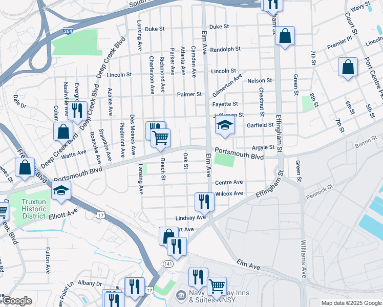 map of restaurants, bars, coffee shops, grocery stores, and more near 1241 Portsmouth Boulevard in Portsmouth