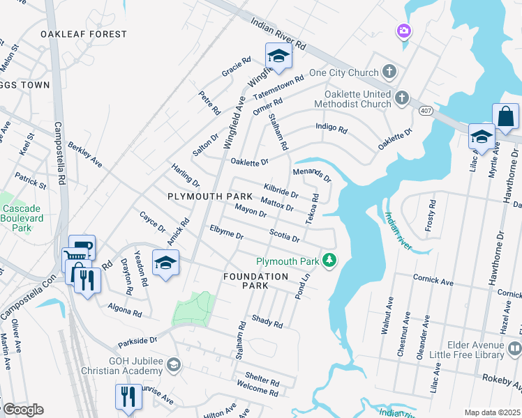 map of restaurants, bars, coffee shops, grocery stores, and more near 2917 Mayon Dr in Chesapeake