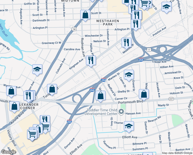 map of restaurants, bars, coffee shops, grocery stores, and more near 207 Choate Street in Portsmouth