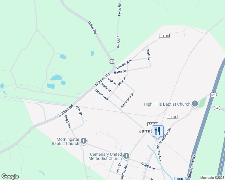 map of restaurants, bars, coffee shops, grocery stores, and more near 204 Pine Street in Jarratt