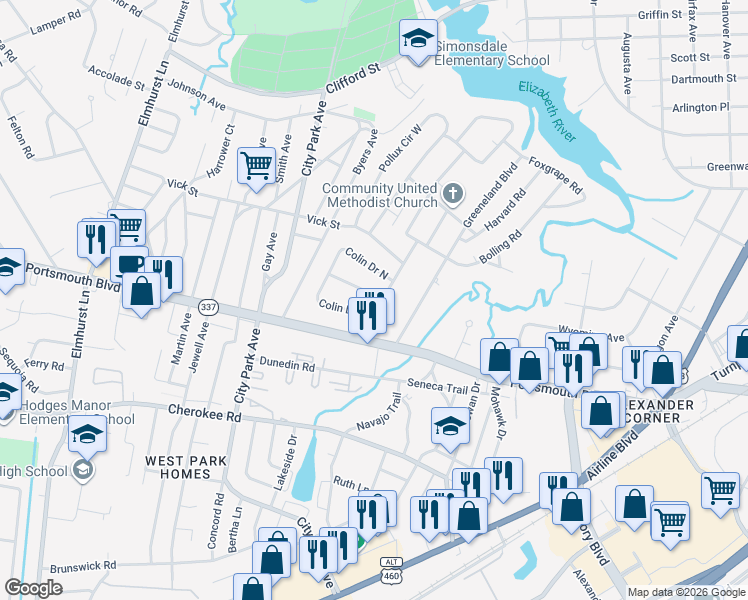 map of restaurants, bars, coffee shops, grocery stores, and more near 1 Kearney Way in Portsmouth