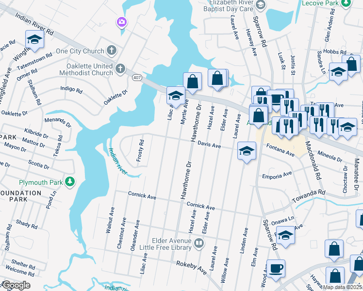 map of restaurants, bars, coffee shops, grocery stores, and more near 1202 Myrtle Avenue in Chesapeake