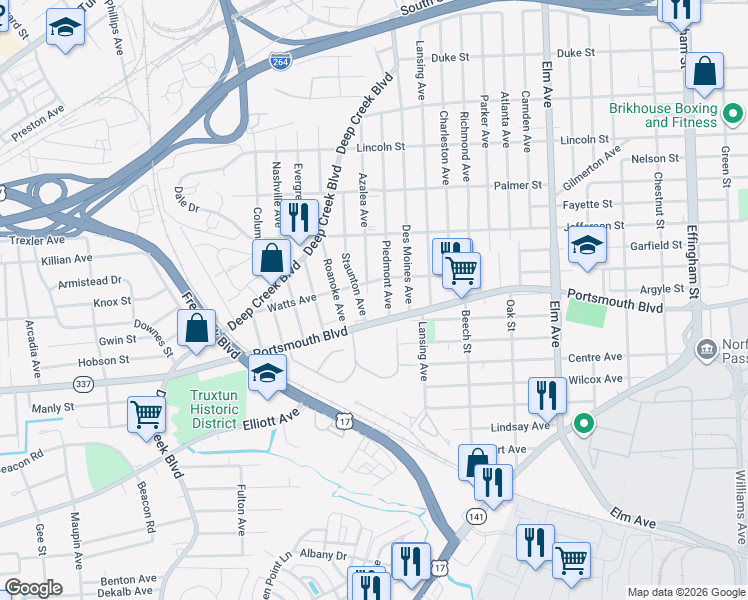 map of restaurants, bars, coffee shops, grocery stores, and more near 2511 Azalea Avenue in Portsmouth