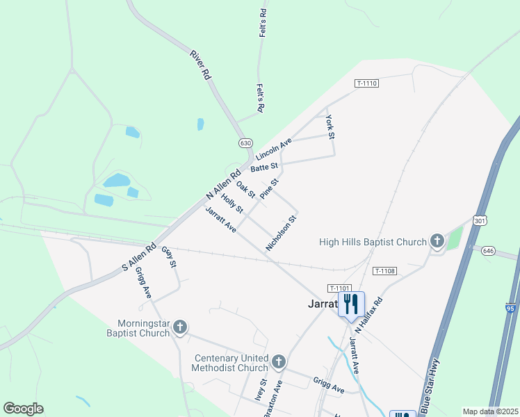 map of restaurants, bars, coffee shops, grocery stores, and more near 207 Pine Street in Jarratt
