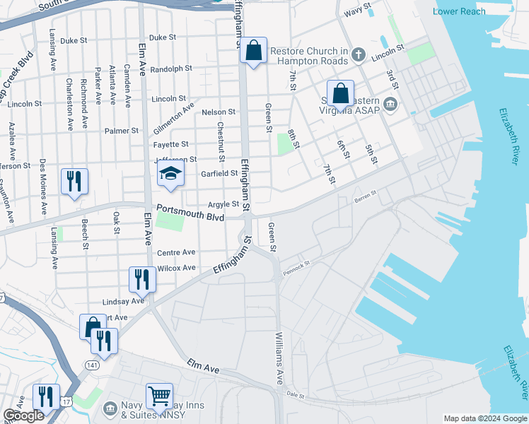map of restaurants, bars, coffee shops, grocery stores, and more near 708 Portsmouth Boulevard in Portsmouth
