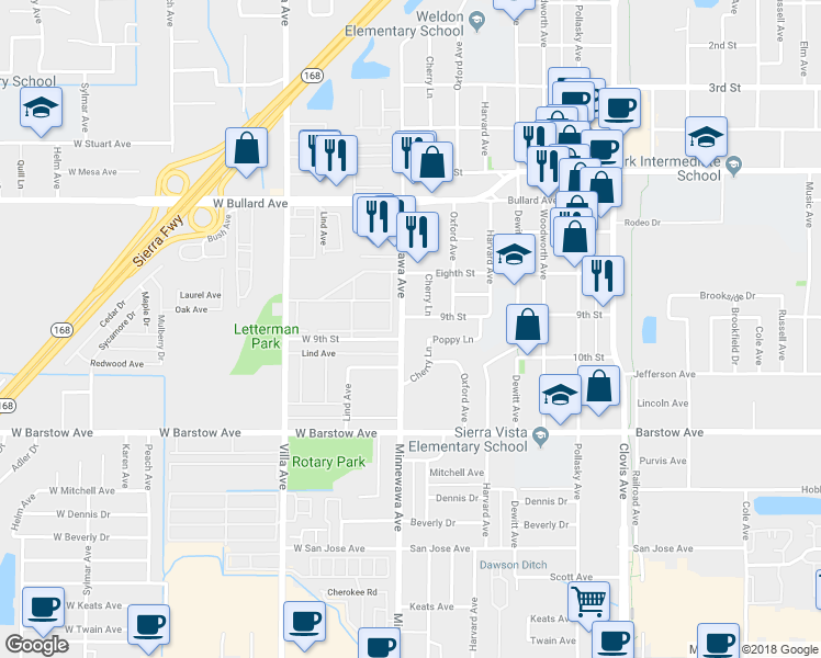 map of restaurants, bars, coffee shops, grocery stores, and more near in Clovis