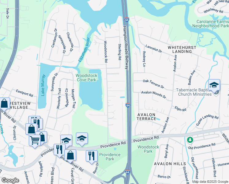 map of restaurants, bars, coffee shops, grocery stores, and more near 728 Woodstock Road in Virginia Beach