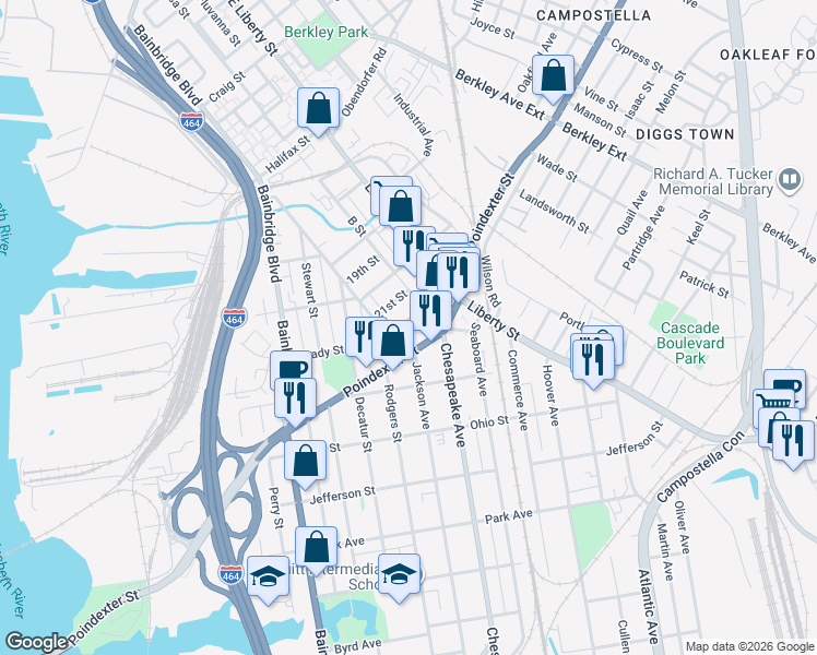 map of restaurants, bars, coffee shops, grocery stores, and more near 1325 Poindexter Street in Chesapeake
