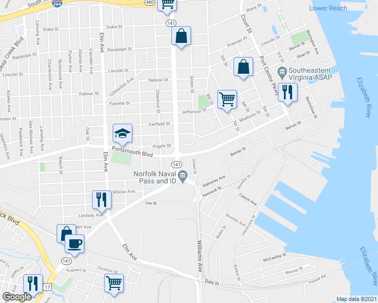 map of restaurants, bars, coffee shops, grocery stores, and more near 708 Portsmouth Boulevard in Portsmouth
