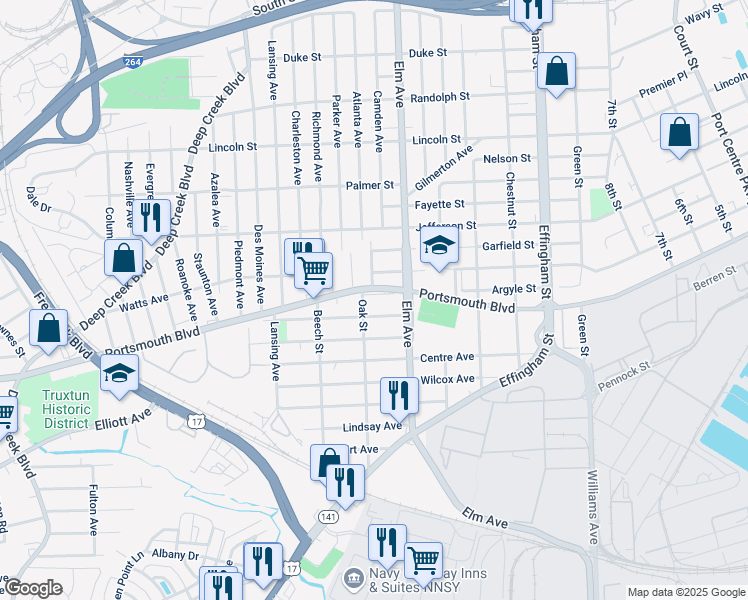 map of restaurants, bars, coffee shops, grocery stores, and more near 1241 Portsmouth Boulevard in Portsmouth