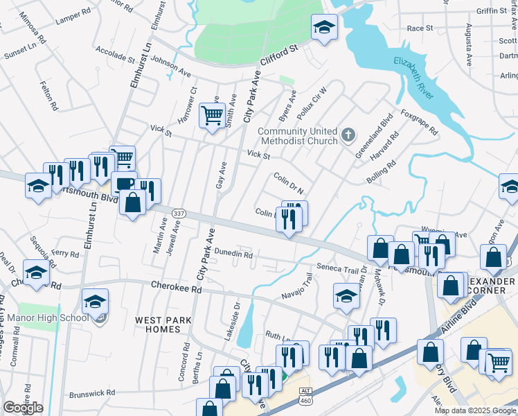 map of restaurants, bars, coffee shops, grocery stores, and more near 50 Colin Drive West in Portsmouth