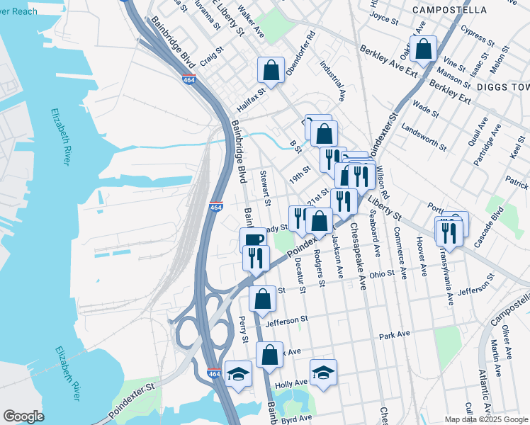 map of restaurants, bars, coffee shops, grocery stores, and more near 916 Stewart Street in Chesapeake