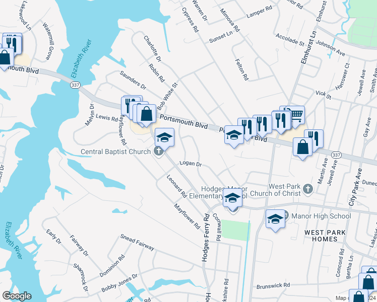 map of restaurants, bars, coffee shops, grocery stores, and more near 209 Hodges Manor Road in Portsmouth