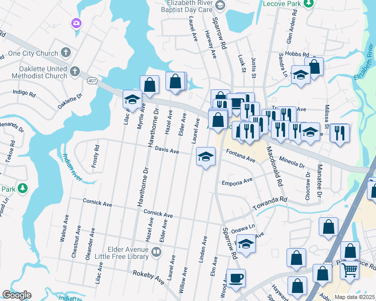 map of restaurants, bars, coffee shops, grocery stores, and more near 1149 Laurel Avenue in Chesapeake