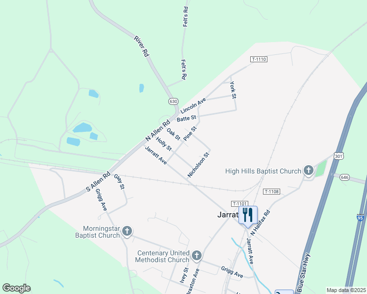 map of restaurants, bars, coffee shops, grocery stores, and more near 207 Pine Street in Jarratt