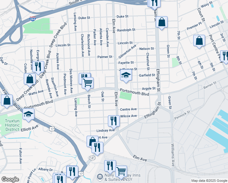 map of restaurants, bars, coffee shops, grocery stores, and more near 2602 Elm Avenue in Portsmouth
