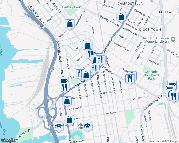 map of restaurants, bars, coffee shops, grocery stores, and more near 1325 Poindexter Street in Chesapeake