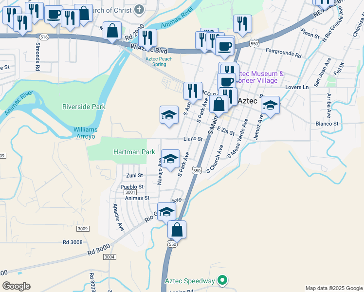 map of restaurants, bars, coffee shops, grocery stores, and more near 401 South Park Avenue in Aztec