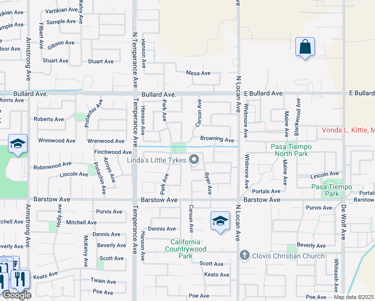 map of restaurants, bars, coffee shops, grocery stores, and more near 2801 Wrenwood Avenue in Clovis