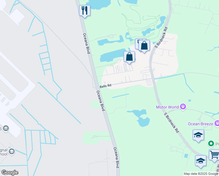 map of restaurants, bars, coffee shops, grocery stores, and more near 1317 Bells Road in Virginia Beach
