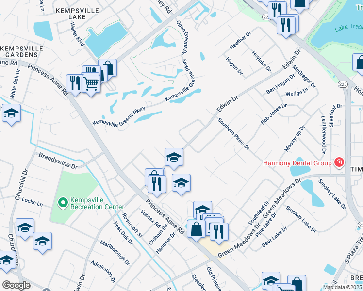 map of restaurants, bars, coffee shops, grocery stores, and more near 705 Edwin Drive in Virginia Beach