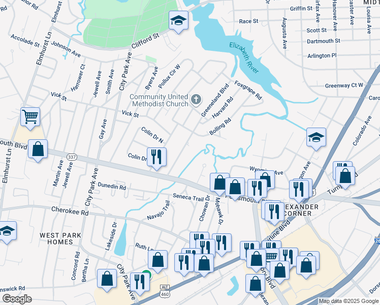 map of restaurants, bars, coffee shops, grocery stores, and more near 13 Greeneland Boulevard in Portsmouth