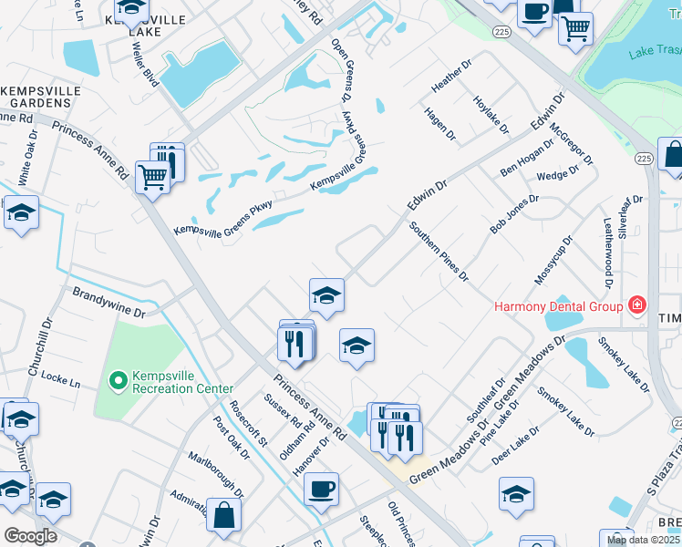 map of restaurants, bars, coffee shops, grocery stores, and more near 705 Edwin Drive in Virginia Beach