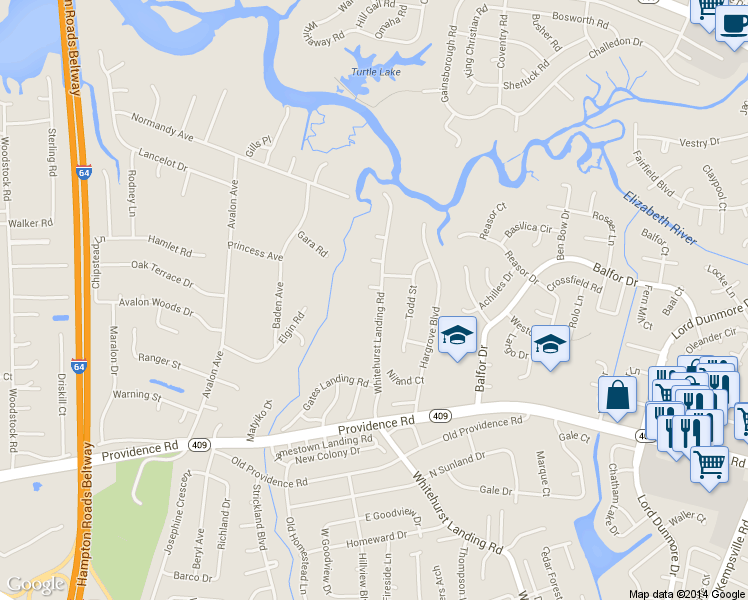 map of restaurants, bars, coffee shops, grocery stores, and more near 709 Whitehurst Landing Road in Virginia Beach