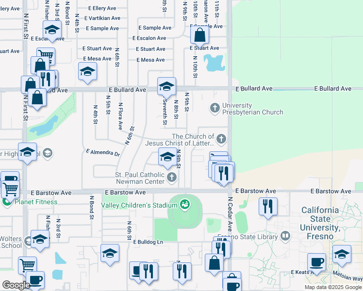 map of restaurants, bars, coffee shops, grocery stores, and more near 5578 North 9th Street in Fresno
