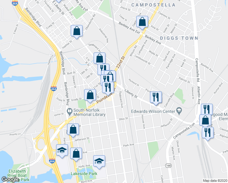map of restaurants, bars, coffee shops, grocery stores, and more near 1408 Poindexter St in Chesapeake