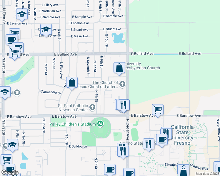map of restaurants, bars, coffee shops, grocery stores, and more near 5582 North 10th Street in Fresno