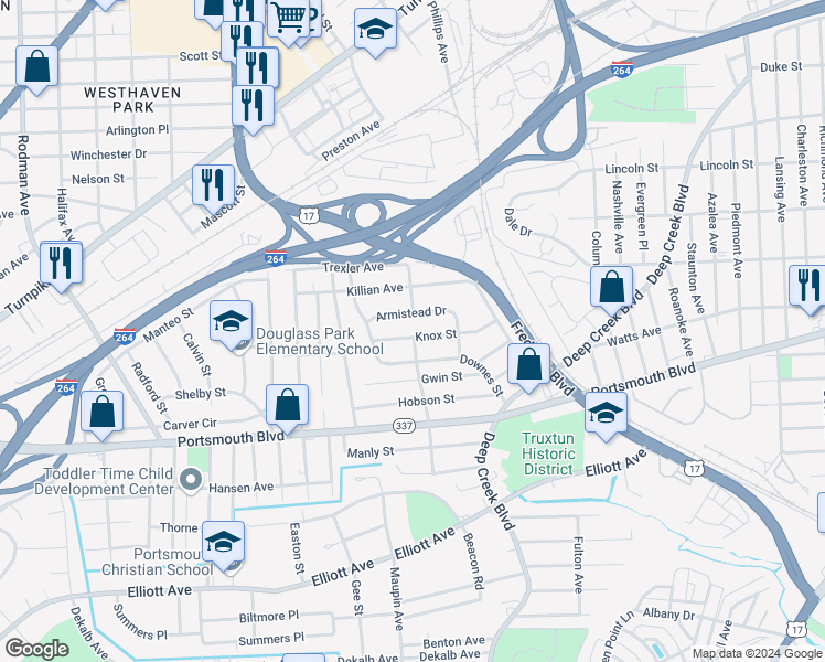 map of restaurants, bars, coffee shops, grocery stores, and more near 3232 Knox Street in Portsmouth