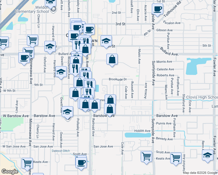 map of restaurants, bars, coffee shops, grocery stores, and more near 914 Rosebrook Drive in Clovis