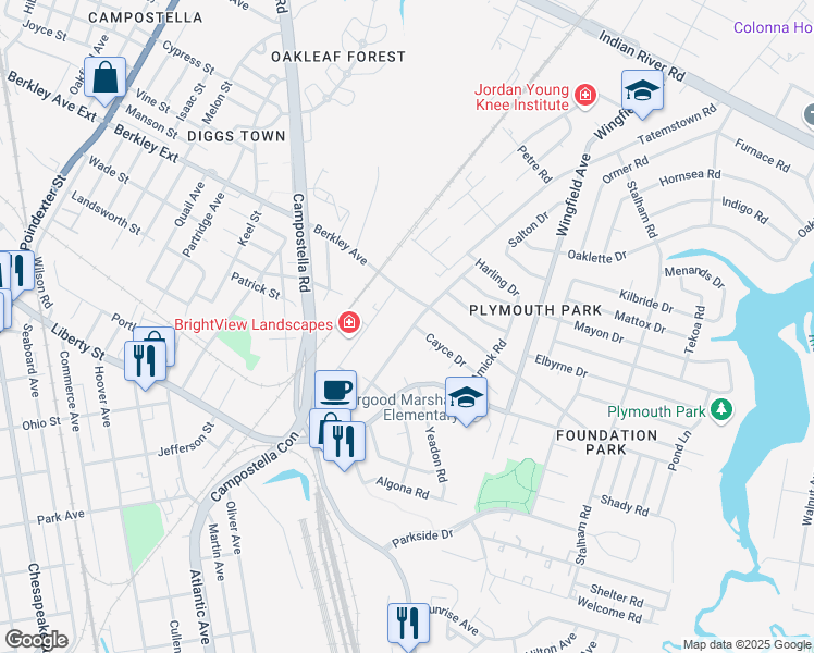 map of restaurants, bars, coffee shops, grocery stores, and more near 900 Bethel Road in Chesapeake