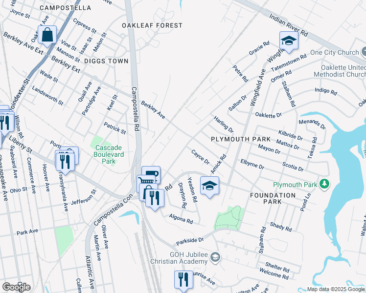 map of restaurants, bars, coffee shops, grocery stores, and more near 900 Bethel Road in Chesapeake