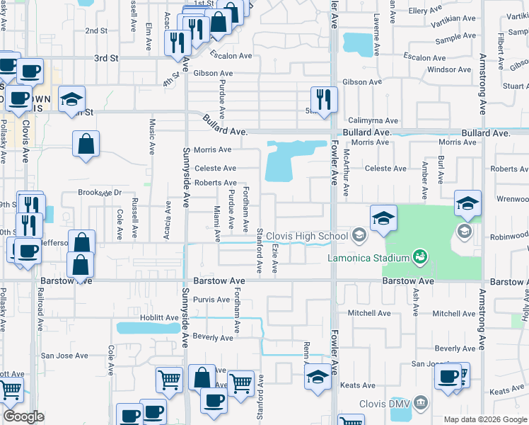 map of restaurants, bars, coffee shops, grocery stores, and more near 914 Stanford Avenue in Clovis