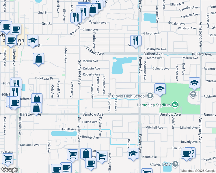 map of restaurants, bars, coffee shops, grocery stores, and more near 914 Stanford Avenue in Clovis